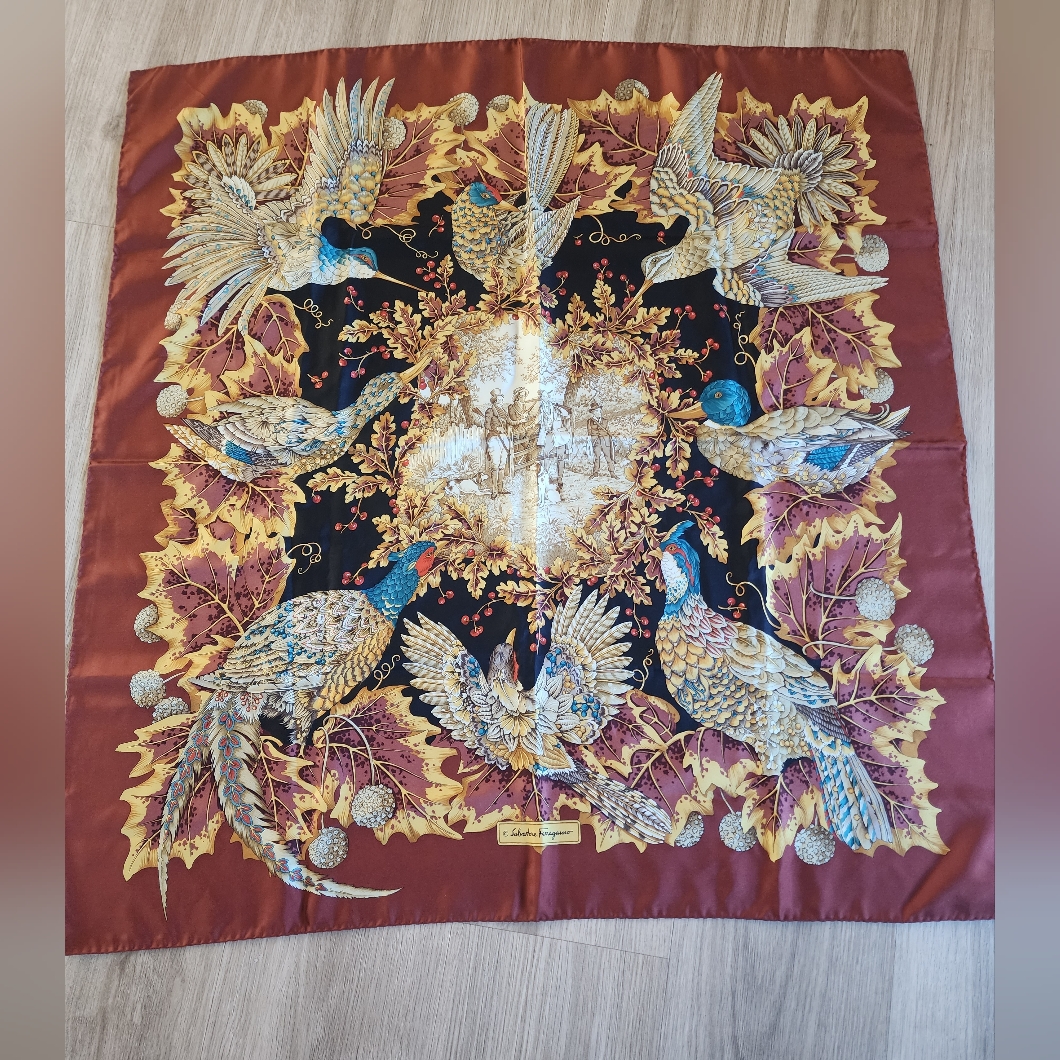 Authentic Salvatore Ferragamo Elegant Bird Print Scarf